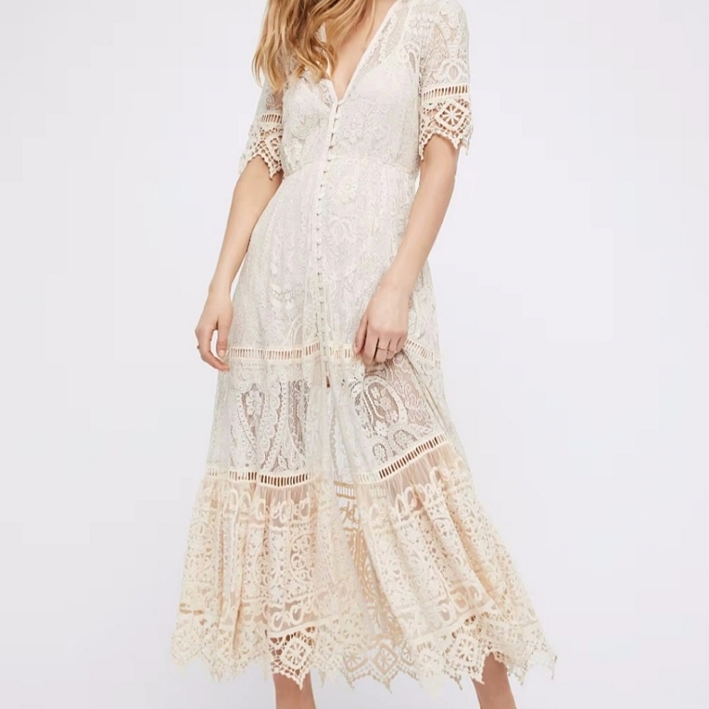 REBA COUNTRY WESTERN NATURAL CREAM CROCHET LACE RHIANNON MIDI DRESS NEW - Picture 2 of 16